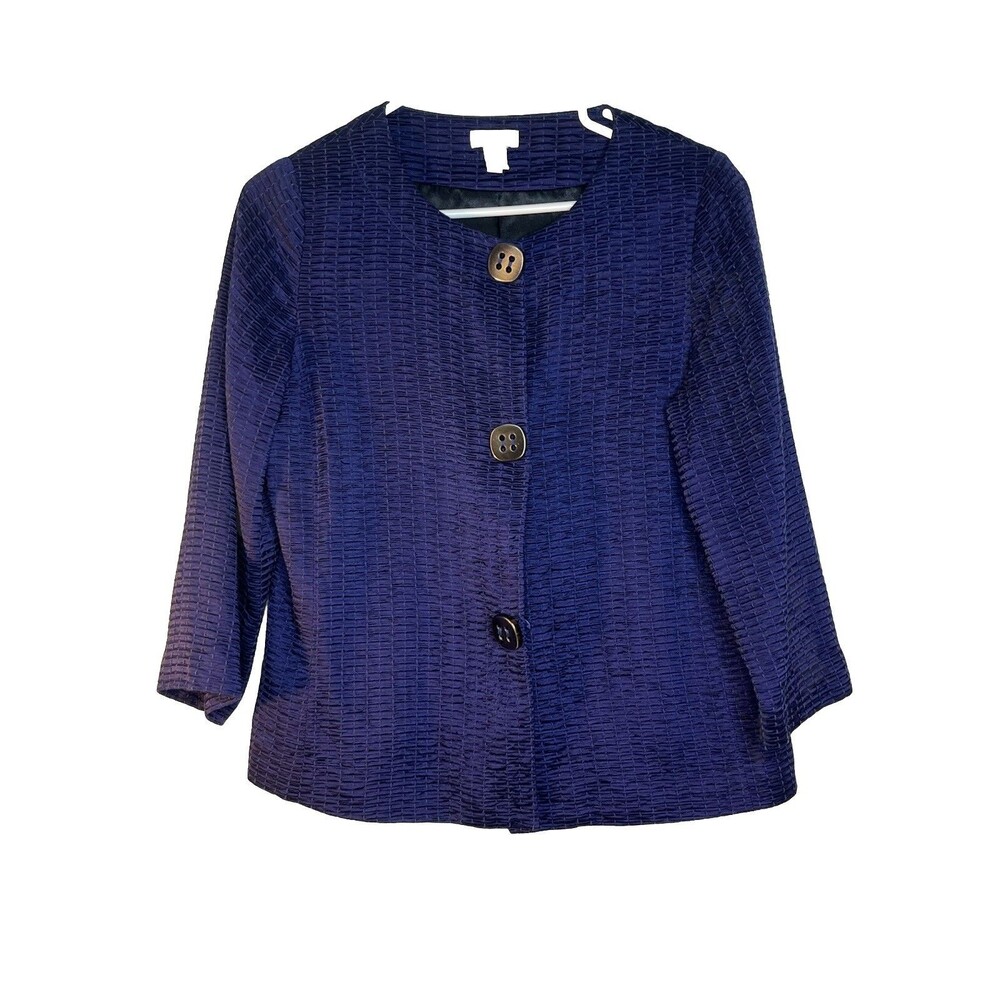 Chicos Navy Blue Button Blazer Jacket Top Textured Blouse 0 S